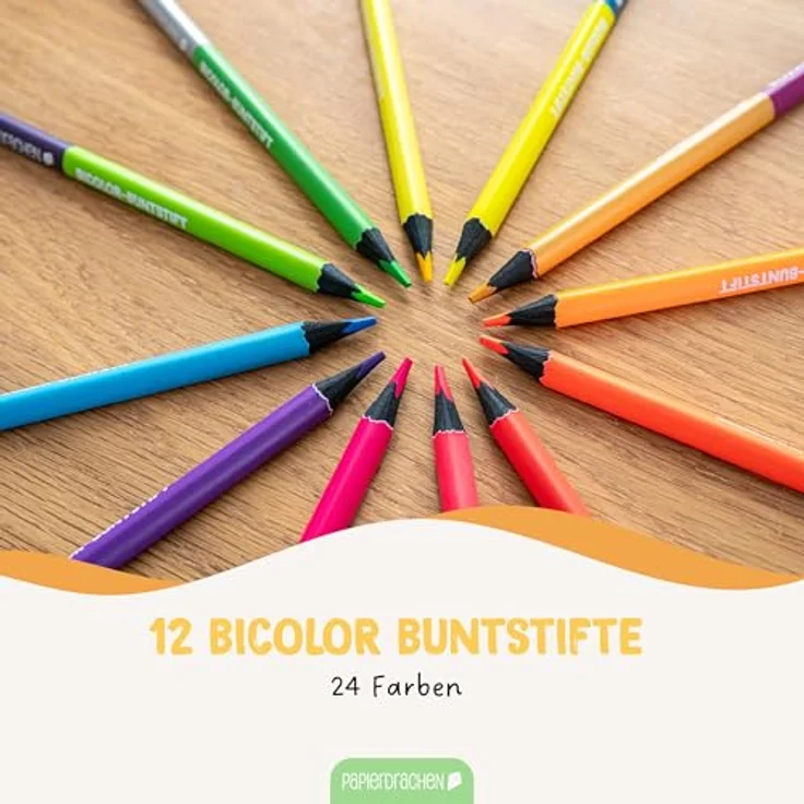 Papierdrachen 12 Bicolor Buntstifte Set, 24 satte Farben, Holz, dreieckig, bruchsicher, ideal für Schule und Kindergarten – Bild 2