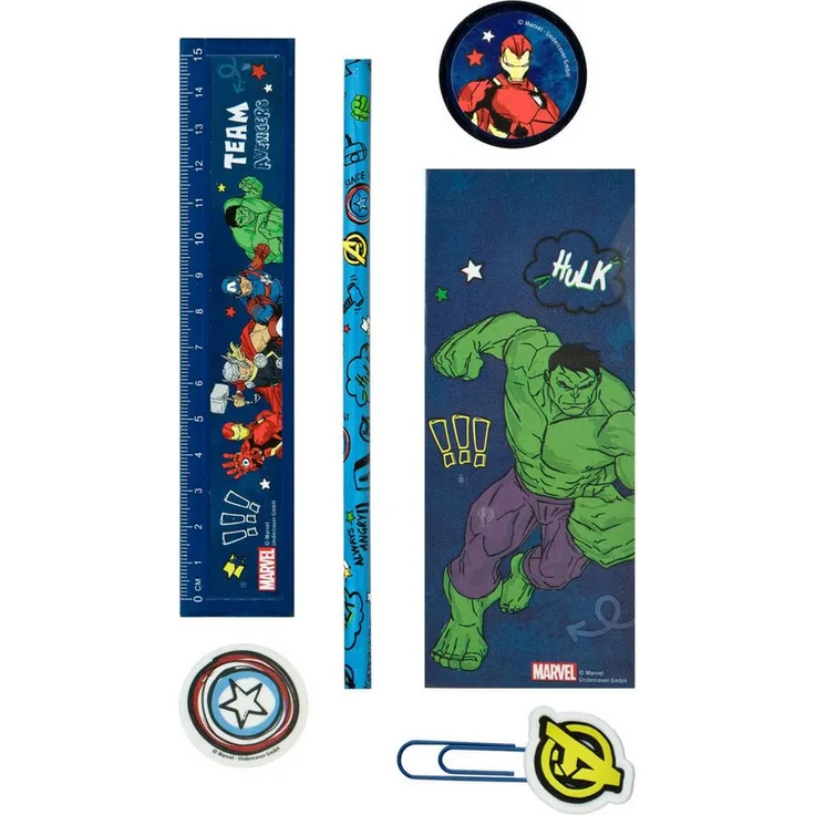 The AVENGERS Federmäppchen 7-teilig, Blau Schreibwaren Set für Schule und Freizeit, Polyester, 6,5 x 6,5 x 26 cm
