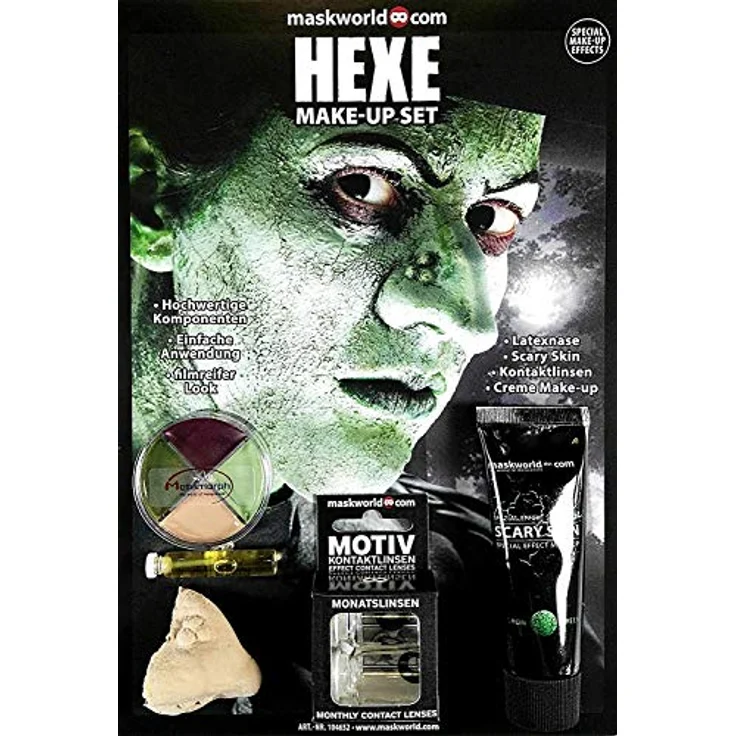 Maskworld Hochwertiges Halloween Schminke Komplett-Set HEXE - Make-Up - Hexennase - Scary Skin - Kontaktlinsen - Filmreifer Look – Bild 1