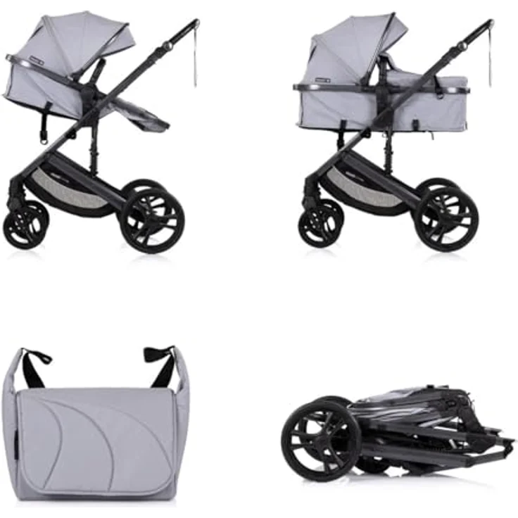 Chipolino Amore Kinderwagen 2 in 1, ab Geburt, mit Getränkehalter, Wickeltasche, Fußabdeckung und verstellbarem Sonnenblende, hellgrau – Bild 5