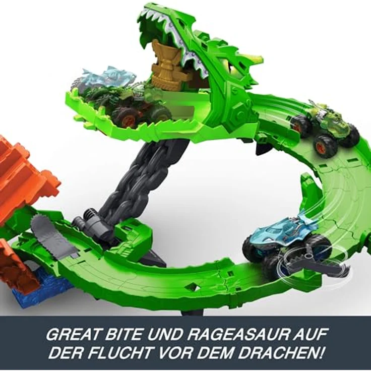 Hot Wheels Sharks vs. Dinos Drachenzerstörungs-Spielset mit Monster Trucks Great Bite und Rageasaur im Maßstab 1:64, inklusive Kettensägen-Spurwechsler und kompatibel mit weiteren Hot Wheels Tracks – Bild 3