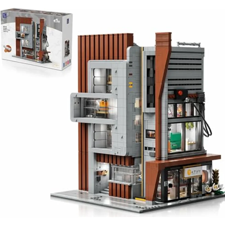 PANTASY Architekturstudio Klemmbausteine Set, modulares 3-stöckiges Bürogebäude mit LED-Beleuchtung und 5 Minifiguren, Urbanes Straßenszenen Modell, Kooperation mit MOC Designer Ohsojang – Bild 1