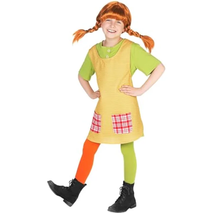 Maskworld Pippi Langstrumpf Kostüm für Kinder - 3teilig - grün/gelb Lizenz Filmkostüm (156/164) - Originalgetreues Design, bequemer Schnitt, für Rollenspiele
