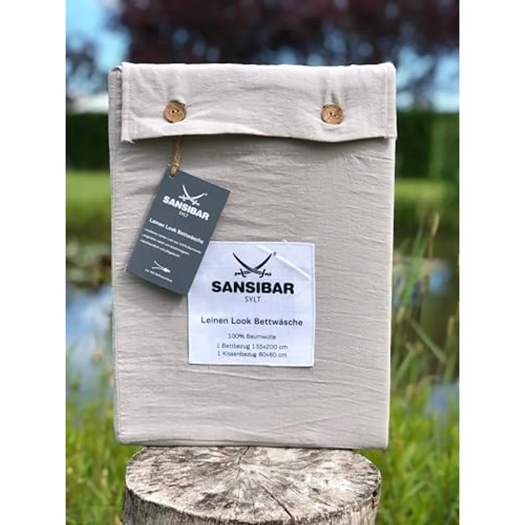 Sansibar Leinen Look Bettwäsche Taupe Set 2 teilig 135x200 cm 100% Baumwolle mit Logo-Patch – Bild 5