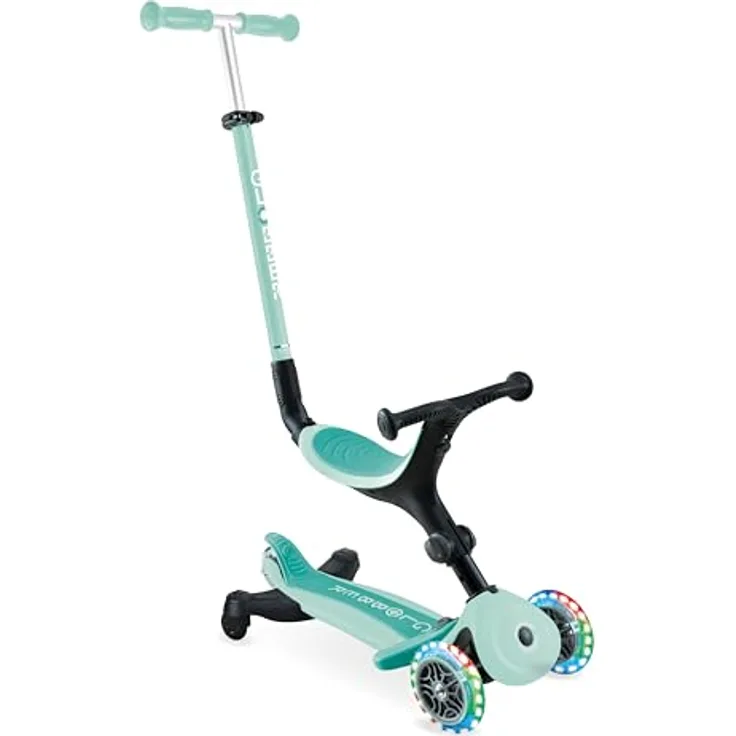 Globber Go-Up Active Lights 360, 3-in-1 Scooter für Kinder, faltbar mit LED-Beleuchtung, höhenverstellbarem Sitz und Lenker, blau