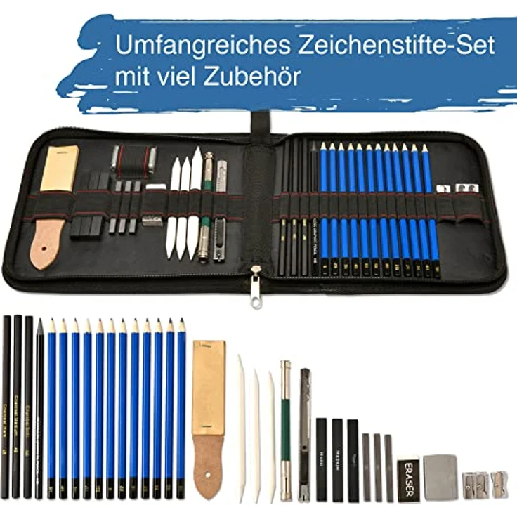 Artina 33tlg Bleistifte Set Bari - Zeichenset Zeichenstifte mit 12 Bleistiften, 3 Kohlestiften, 1 Graphitstift - Skizzierstifte Set mit viel Zubehör & Tasche - Bleistifte Set zum Zeichnen – Bild 2