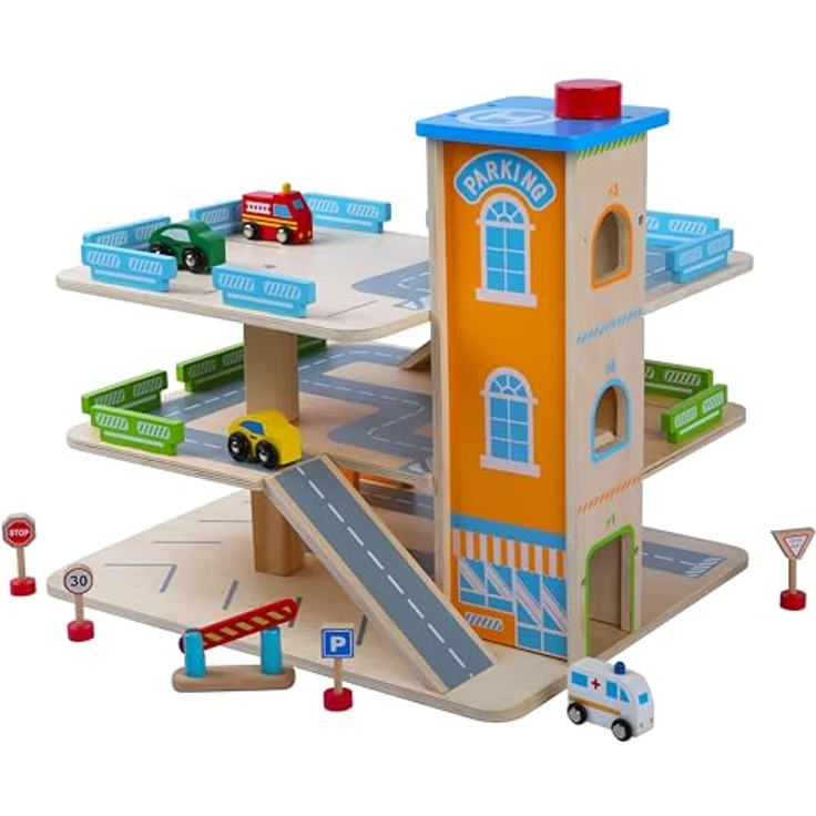 CHIC2000 Spiel-Parkgarage bunt, 3-stöckige Holzgarage mit Aufzug, 4 Autos und Verkehrszeichen, 43,5 x 36 x 39,5 cm – Bild 1