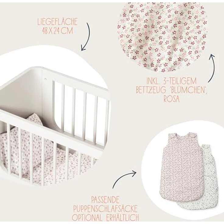 Pinolino Puppenbett Malea, 4-tlg. inkl. 3-tlg. Bettzeug Blümchen, Rosa - Weiß, stabil und kindgerecht – Bild 4