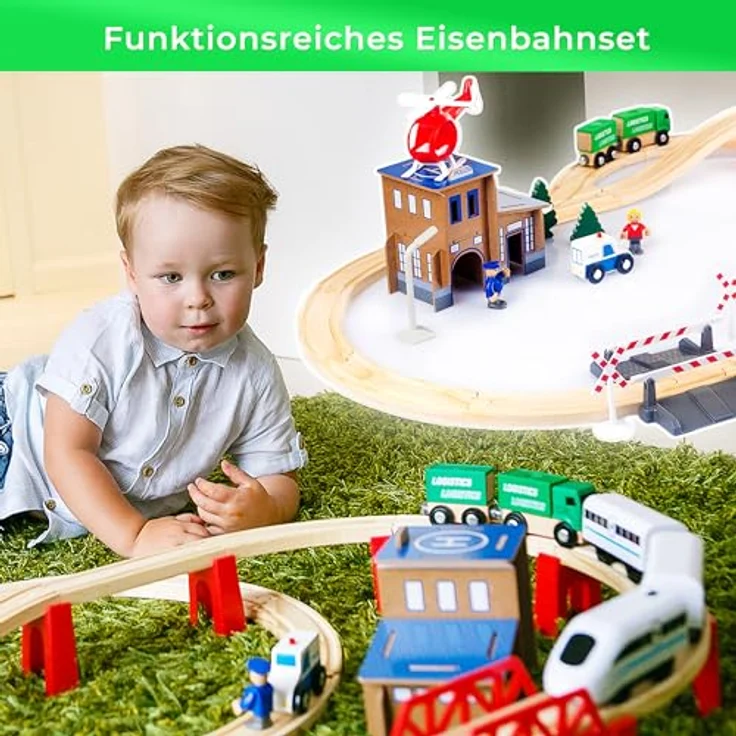 Kinderplay Holzeisenbahn Set für Kinder - Eisenbahn Kinder Elektrisch, Spielzeug Zug, Polizeistation, Autobahn und Bahnset mit Brücke, 80 Teilen, 378 cm lang, Modell (GS0010) – Bild 2