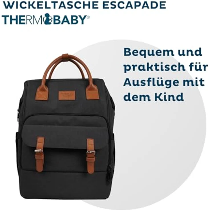 Thermobaby ESCAPADE Wickeltasche, Baby-Wickelrucksack mit Wickelauflage, isothermischen Taschen und 6 Innentaschen, dunkelgrau – Bild 2