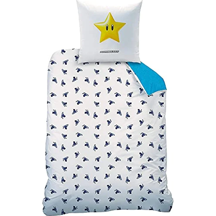 BERONAGE Super Mario Kart Kinder-Bettwäsche Champion Trophy 135x200 + 80x80 cm 100% Baumwolle Renforce Luigi Peach Bowser Yoshi Kugelwilli Buu Huu Rakete Stern Blauer Panzer deutsche Größe Reißverschluss, Nintendo Bettwäsche für Kinderzimmer, Oeko-Tex Standard 100 geprüft, bunt – Bild 4