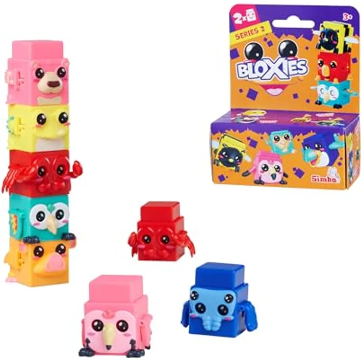 Simba Bloxies Figur Serie II, Tier-Baustein zum Stapeln und Sammeln, 4,5 cm mit lustigem Bewegungseffekt, Auswahl per Zufallsprinzip, 2 Stück, Spielzeug ab 3 Jahren