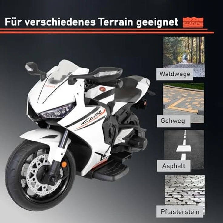 Lemodo Elektro-Kindermotorrad Honda Elektrofahrzeug für Kinder ab 3 Jahren, weiß/schwarz, LED-Leuchten, 6 V 4,5 AH Batterie, 3-4 km/h, ca. 90 x 44 x 52 cm – Bild 6