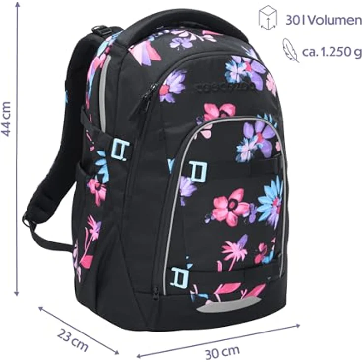 Coocazoo MATE Schulrucksack „Floral Artnight”, ergonomisch und anpassbar, schwarz-blau, 30 Liter, höhenverstellbar, mit Brustgurt und Hüftgurt, ab der 3. Klasse – Bild 2