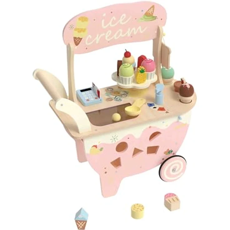 Classic World Holz-Eiswagen Spielset, 40-teiliges Rollenspiel mit Gummirädern zur Förderung der Formerkennung, leicht zu reinigen – Bild 2