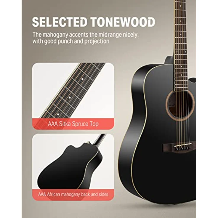 Donner Akustikgitarre Set in voller Größe Akustik Gitarre 4/4 Cutaway Anfänger Erwachsene 41 Zoll mit Gigbag Capo Plektren Gurt Saiten (Schwarz） – Bild 3