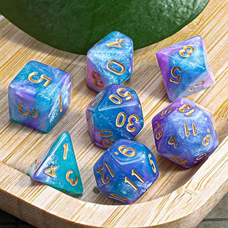 QMAY DND Dice Polyedrisches Würfel Set, 7 Stück in Lake Blue Mix Violett mit Glitter, ideal für Dungeon und Dragons MTG RPG D&D (D20, D12, D10, D%, D8, D6, D4) – Bild 3