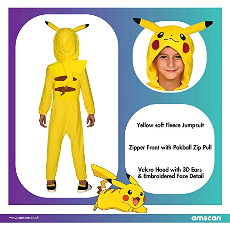 Amscan - Kinderkostüm Pikachu, Fleece-Jumpsuit mit Kapuze, Pokemon, Motto-Party, Karneval XL 8- 10 Jahre – Bild 7