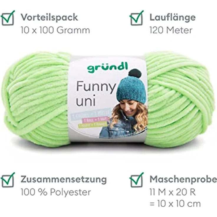 Gründl Funny uni Strick- & Häkelgarn (samtartiges Chenille-Garn aus 100% Polyester, 100 g / 120 m, Nadelstärke: 5-6, 1 x 100 g), hellgrün – Bild 2