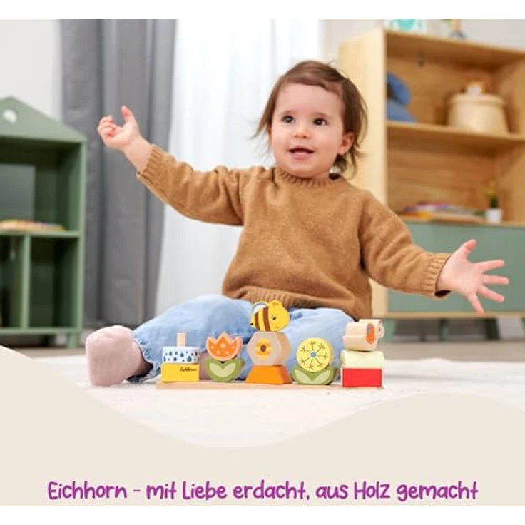 Eichhorn Bee Happy Steckspiel, 14-tlg. aus FSC®-zertifiziertem Holz, fördert Feinmotorik und Auge-Hand-Koordination – Bild 6