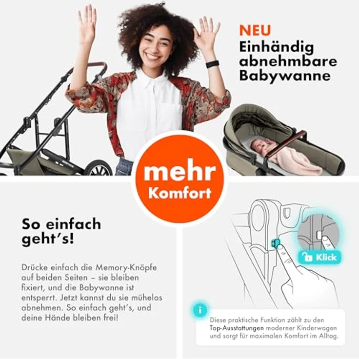 Daliya FLEXI-PRO M 2in1 Kombikinderwagen, klappbar, höhenverstellbar, mit Liegefunktion und großem Einkaufskorb, Beige – Bild 4