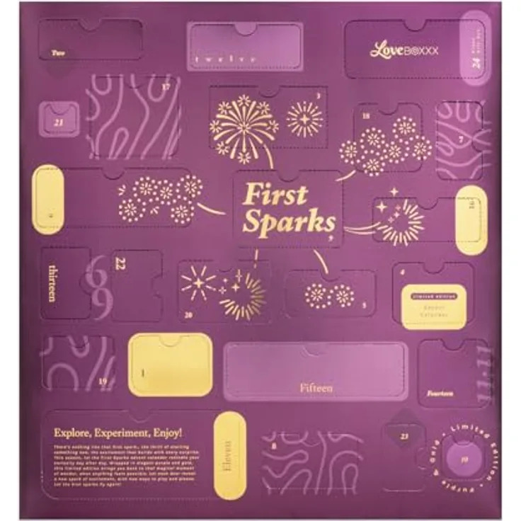 LoveBoxxx First Sparks Adventskalender, limitierte Edition in Lila und Gold mit aufregenden Toys und Spielen