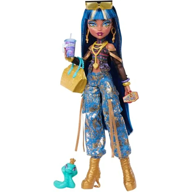 Monster High Cleo de Nile, Basispuppe (G3) mit goldenen Mumien-Akzenten, inklusive Haustier-Kobra Hissette und 7 Zubehörteilen