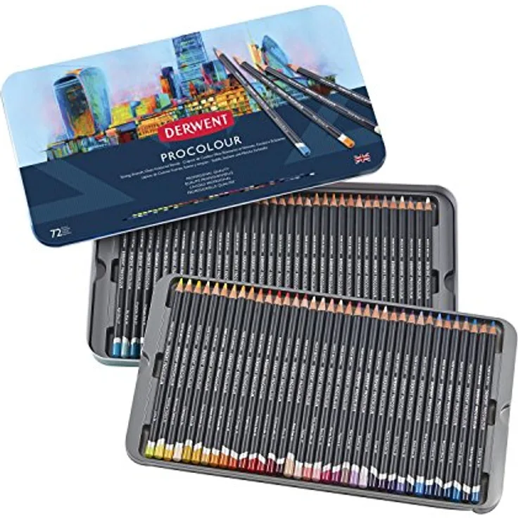 Derwent Procolour Buntstifte, Set mit 72 Stück in Metalldose, 4mm runder Kern, glatte Textur, hochpigmentiert, Profi-Qualität, ideal für Zeichnen und Malen