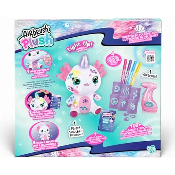 Canal Toys Airbrush Plush Leuchtender Axolotl, personalisierbar mit Batteriebetriebener Airbrush und Kreidestiften, leuchtet auf, Marmeladenverpackung, lustiges – Bild 3