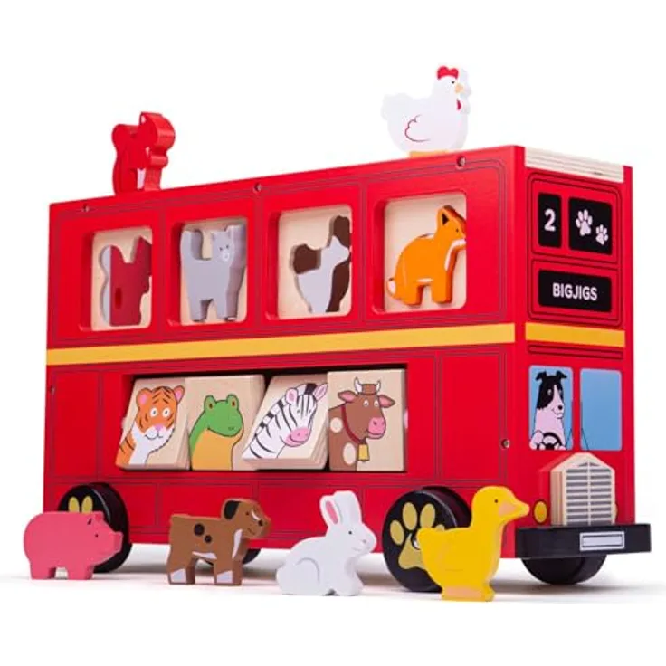 Bigjigs Wooden Shape Sorter Red Animal Bus, 21-teiliges Holz-Spielzeug mit einlegbaren Tieren und Fenster-Schieber