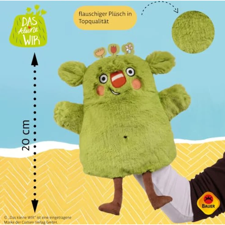 Bauer Spielwaren Das kleine WIR Handpuppe Kuscheltier, 20 cm, super kuscheliges grünes Fell, Stofftier für Kinder und Erwachsene – Bild 2