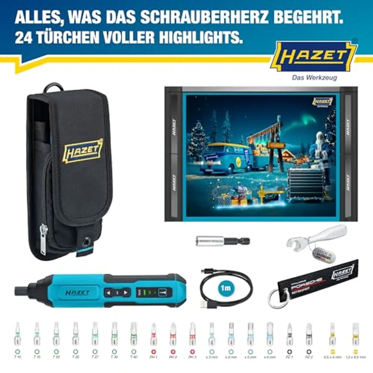 HAZET Werkzeug Adventskalender 2025, 24-teilig mit Akku-Schrauber, LED-Licht und ergonomischem Softgrip-Griff – Bild 2