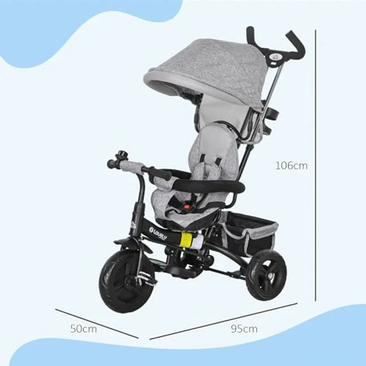 HOMCOM Dreirad 6-in-1 Kinderdreirad mit Schiebestange, Dach, Gurt, Ablagekorb, für 12-60 Monate, Grau – Bild 5