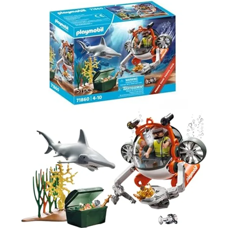 PLAYMOBIL Promo Pack 71860, Schatzsuche mit schwimmfähigem U-Boot, inklusive Hammerhai und Zubehör, Spielzeug für Kinder ab 4 Jahren