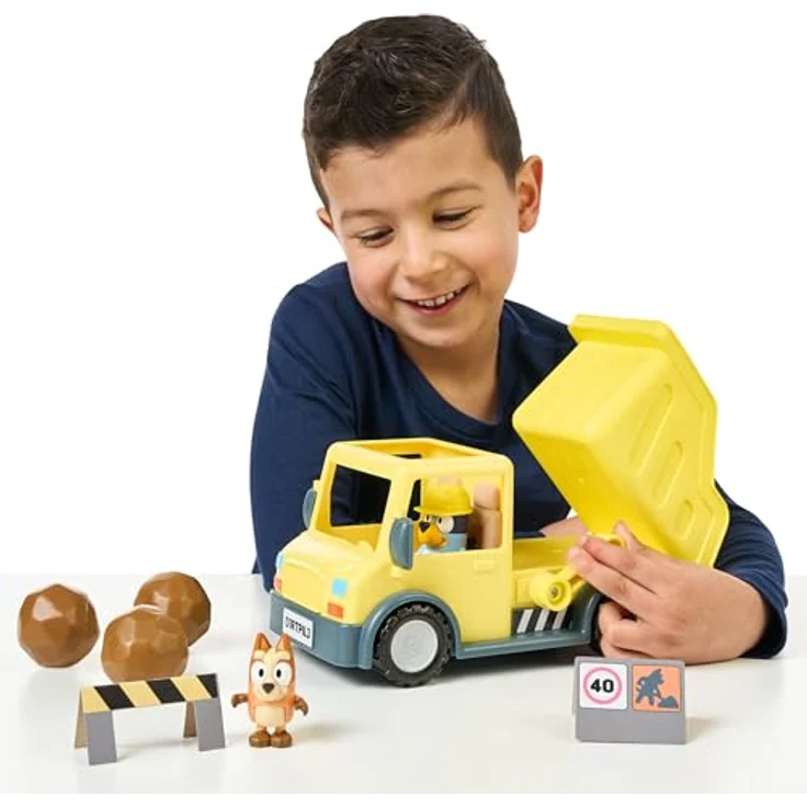Bluey Exklusiver Tipvogn mit beweglichen Figuren Bluey und Bingo, interaktive Ladefunktion, inklusive Stickerblatt – Bild 5