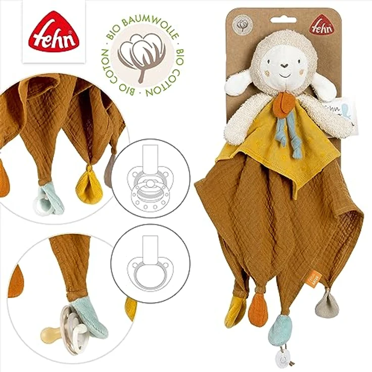 Fehn Schmusetuch Schaf fehnNATUR - Spielkamerad & Stofftier-Schnuffeltuch mit Baumwolle aus kontrolliert biologischem Anbau (kbA) mit Schnuller-Befestigung - für Babys & Kleinkinder ab 0+ Monaten – Bild 4