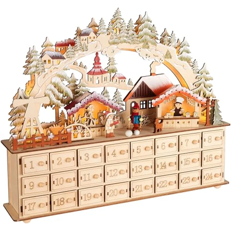 BRUBAKER Adventskalender zum Befüllen - Weihnachtsdorf 2024 aus Holz mit LED Beleuchtung - Dorf mit Kindern, Bäckerei, Hund und Wald - 40 cm Kalender mit Bogen - Braunoptik - Beleuchtet – Bild 1