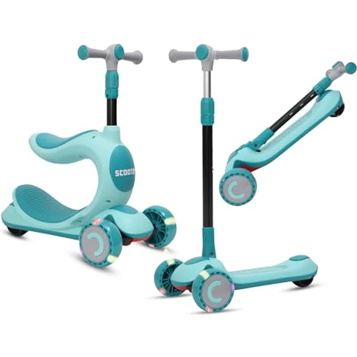 Habib Gruppe Kinderroller 3-in-1 Dreirad mit Sitz, LED-Rädern, höhenverstellbar & faltbar, ideal für Jungen & Mädchen von 2-10 Jahren, grün – Bild 1