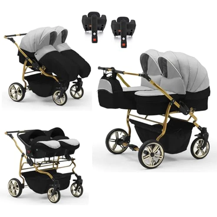 Elcar Zwillingskinderwagen 5 in 1 Duet Lux Goldedition inkl. Autositze und Iso Bases - 14 Teile - in 20 Farben – Bild 1