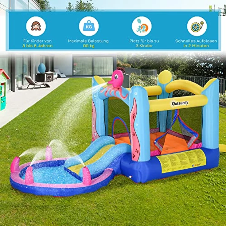 Outsunny Hüpfburg, aufblasbare Spielburg mit Rutsche und Gebläse, Mehrfarbig, 360 x 175 x 180 cm, für Außenbereich, Oktopus-Design, bis zu 3 Kinder, inkl. Zubehör. – Bild 3