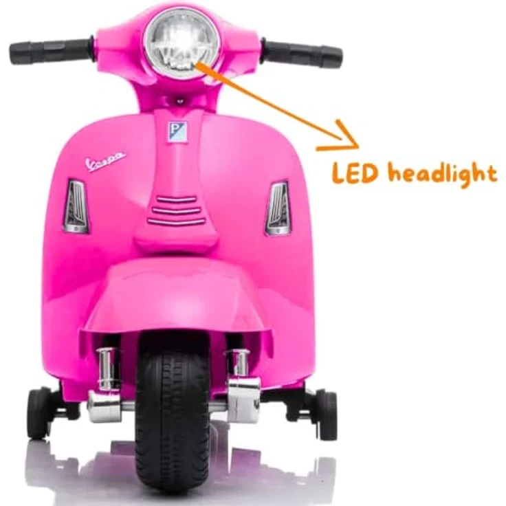 Vrooomy Kinder Elektro Roller Vespa GTS Mini, 6V mit Scheinwerfer, rosa, für 1 bis 3 Jahre, mit abnehmbaren Stützrädern und Kunstledersitz – Bild 4