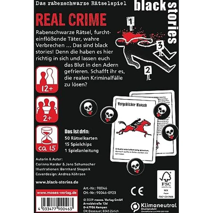 moses 90046 Black Stories Crime-50 Rätsel Kartenspiel, Spielvariante, Punktechips, Jugendliche & Erwachsene, White – Bild 3