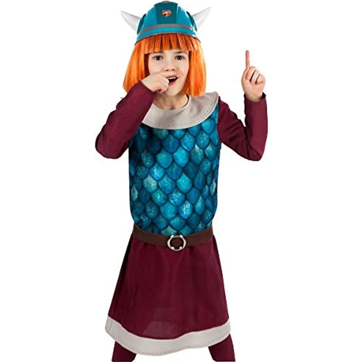 Maskworld Wickie der schlaue Wikinger-Junge - Kinder-Kostüm mit Perücke und Helm - 6-teilig - Lilafarbene Tunika - Karneval-Verkleidung (110-116) – Bild 2