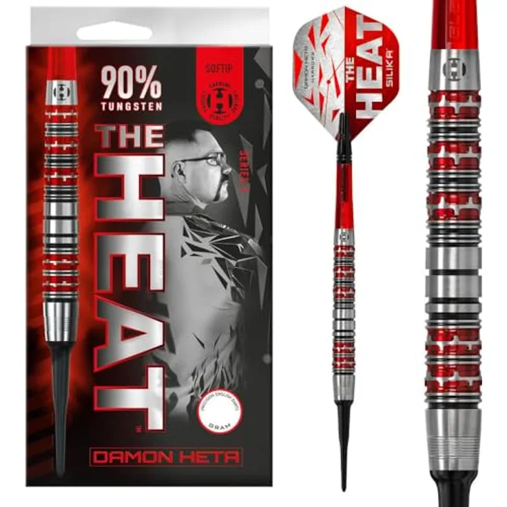 Harrows Damon Heta G3 Softtip, Dartpfeile aus 90 % Tungsten mit schwarz-roten galvanischen Beschichtungen, kurzer roter Alamo VS2-Schäfte und 100 Micron Signature Silika Flights