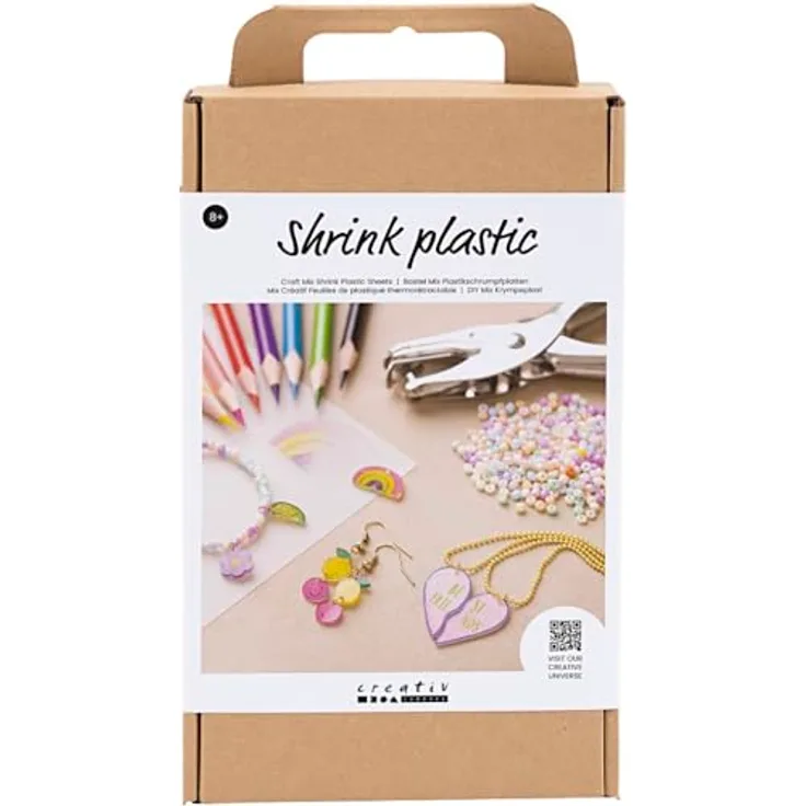 creativ company Kreativset Schmuck, DIY Schmuckset mit 6 Schrumpffolie-Platten und 12 Buntstiften, ab 8 Jahren