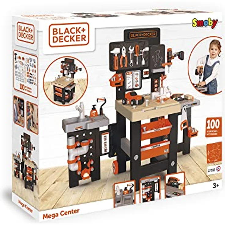 Smoby Toys - Black+Decker Mega Werkbank Center (100 Teile) - Spielzeug-Werkstatt für Kinder ab 3 Jahren mit Werkzeug, Nagelbrett, Autobausatz & mechanischem Akkuschrauber – Bild 17