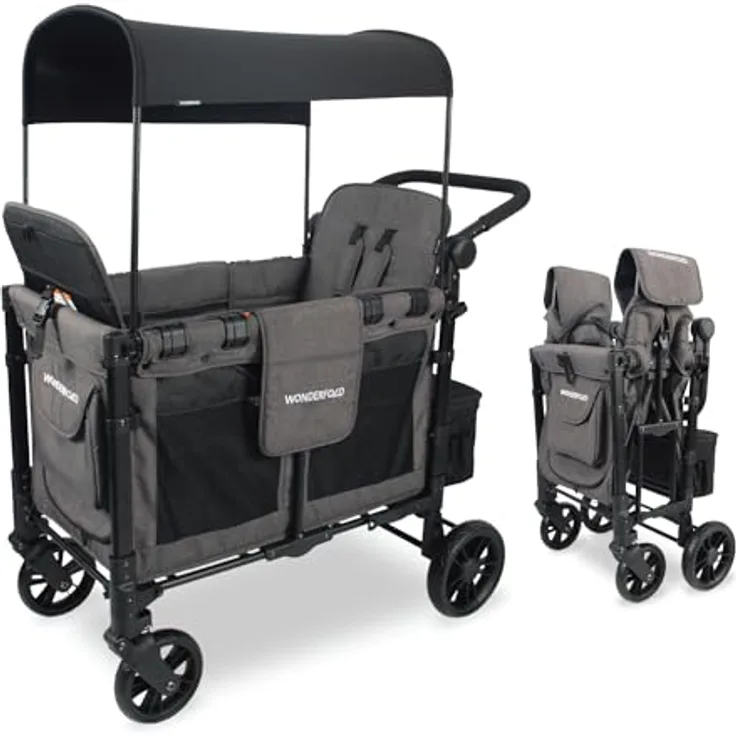 WONDERFOLD W2 Elite - Cochecito doble con 2 asientos altos cara a cara, arneses de 5 puntos, mango ajustable y toldo de protección UV, W2 Elite Gray