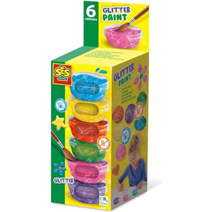 SES Creative Waschbare Glitzerfarbe für Kinder, 6 Dosen 45ml in Rosa, Violett, Gelb, Blau, ab 3 Jahren, kreatives Malset für künstlerische Aktivitäten