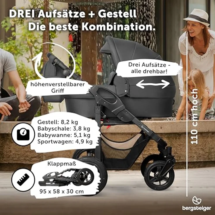 Bergsteiger Capri Kombikinderwagen 4-in-1 – Babywanne, Sportsitz, i-Size Babyschale, Isofix-Station, höhenverstellbar, faltbar, Luftreifen, inklusive Zubehör – Bild 7