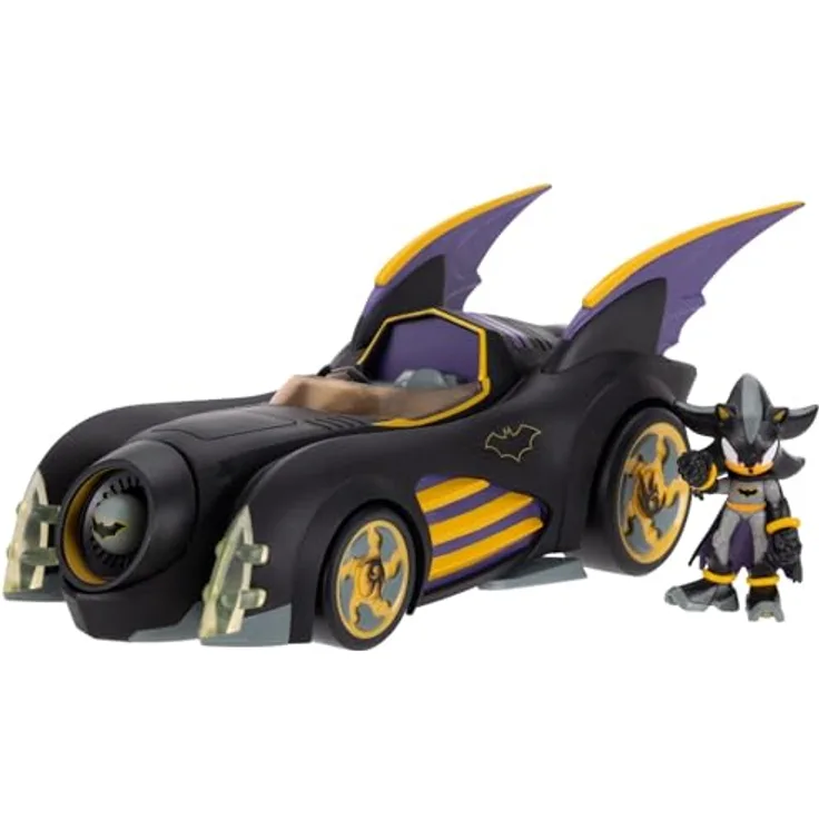 Sonic The Hedgehog DC x Sonic Shadow als Batman, 6 cm Batmobil-Actionfigur mit interaktivem Projektilabschuss und drehbarer Turbine, offiziell lizenziert von Jakks Pacific